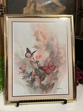 Picture LENA LIU Signed - Butterflies - Vintage - Beautiful Soft Flowers